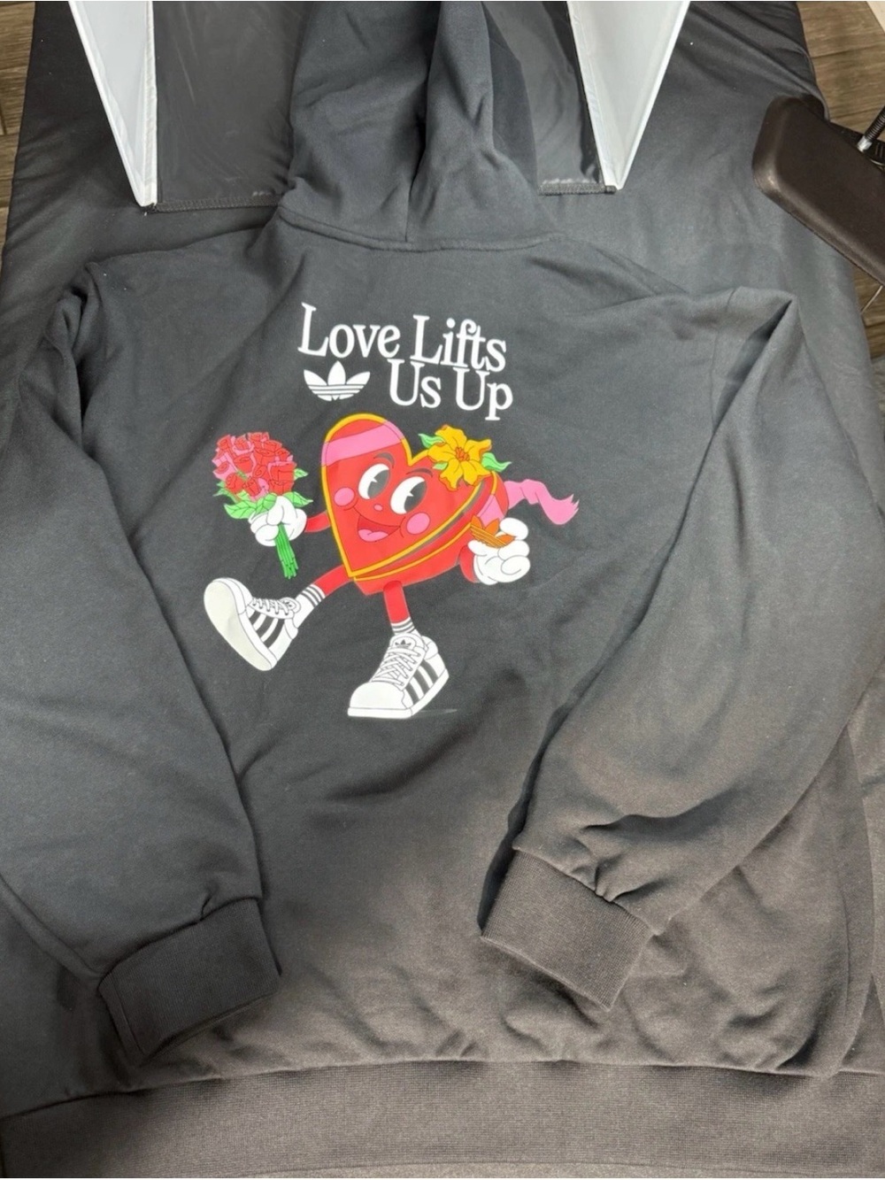 adidas Black Hoodie with Colorful Heart Character Graphic